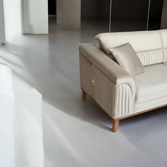 M Home Soft Beige Modern Koltuk Takımı – 3’lü Koltuk + Berjer | Ahşap Ayaklı, Minimal Tasarım
