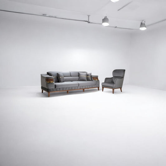 M Home Modern Grey Koltuk Takımı – 3’lü Koltuk + Berjer | Ahşap Detaylı, Premium Gri