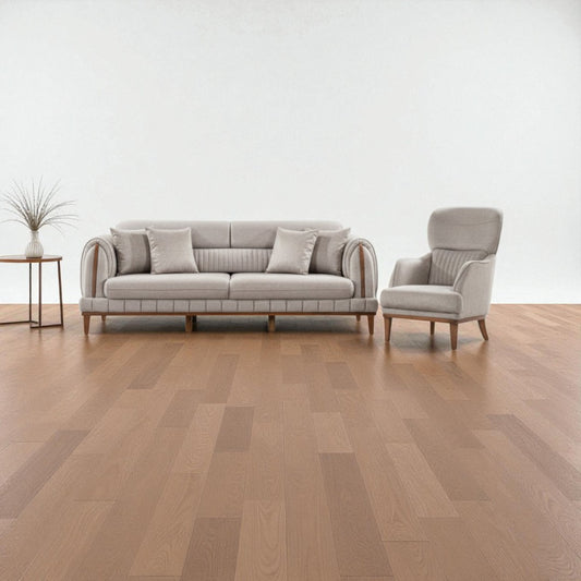 M Home Soft Minimal Koltuk Takımı – 3’lü Koltuk + Berjer | Modern Soft Beige, Ahşap Detaylı