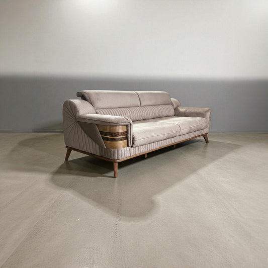 M Home Natura Ahşap Detaylı Koltuk Takımı – 3’lü Koltuk + Berjer | Soft Beige, Modern Tasarım