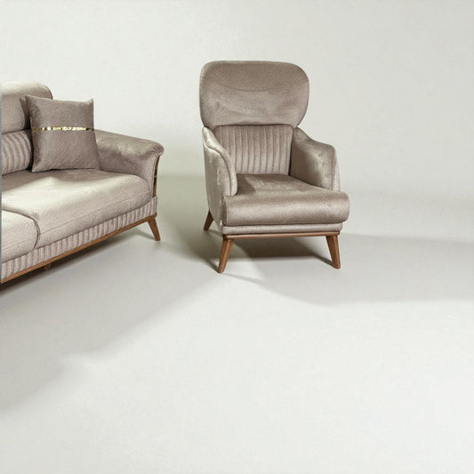 M Home Natura Ahşap Detaylı Koltuk Takımı – 3’lü Koltuk + Berjer | Soft Beige, Modern Tasarım